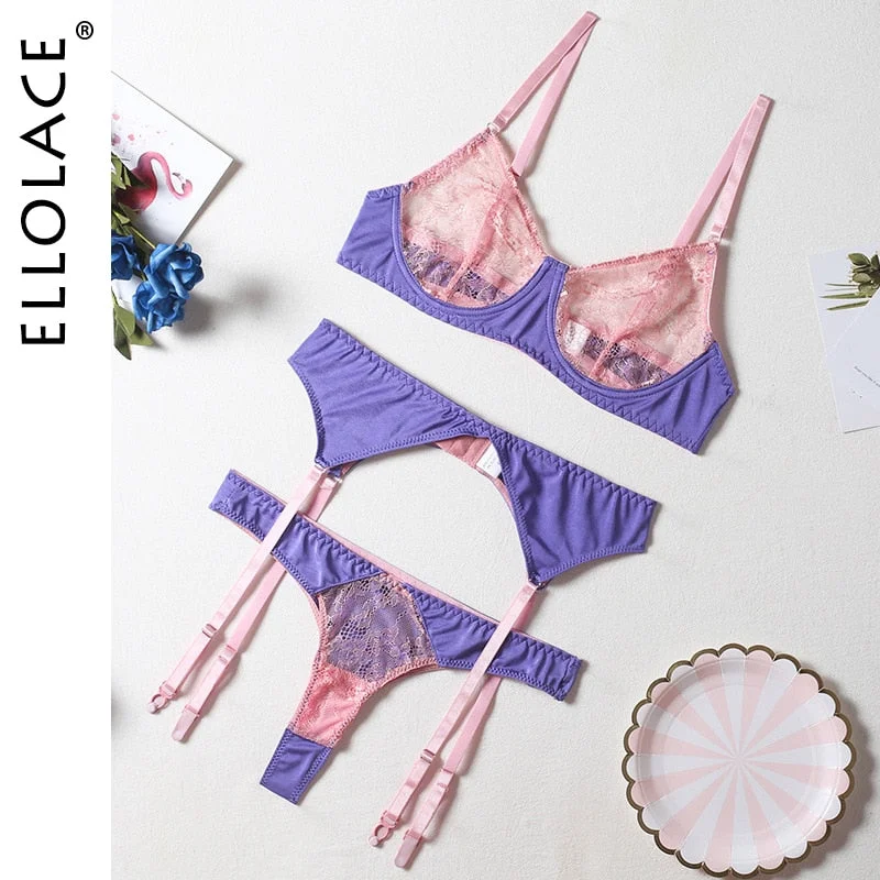 Ellolace Satin Patchwork Slip Lingerie Sexy Lace Delicate Underwear 3-Piece Bra Kit Push Up Garters Erotic Seamless Bilizna Set