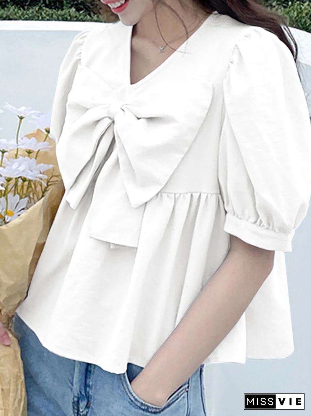 Solid Bowknot Puff Sleeve Casual V Neck Blouse