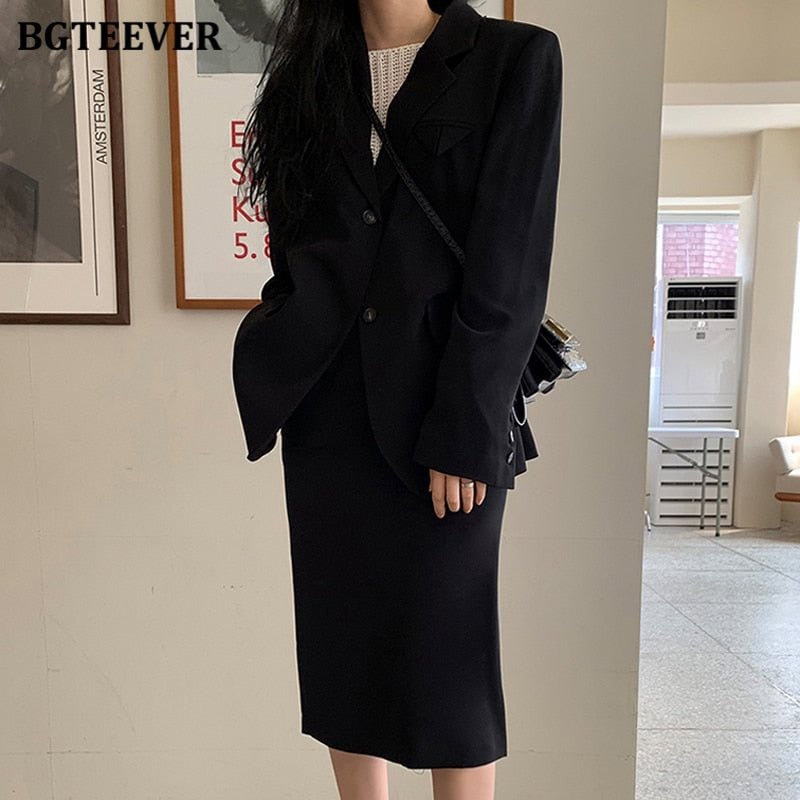 BGTEEVER Chic Loose Women Skirt Suits 2021 Autumn Winter Blazer Set Long Sleeve Jackets & High Waist Ladies Pencil Skirts