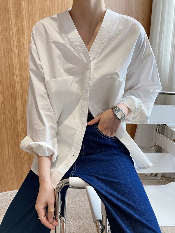 Solid Color Simple Long Sleeve V-Neck Shirt