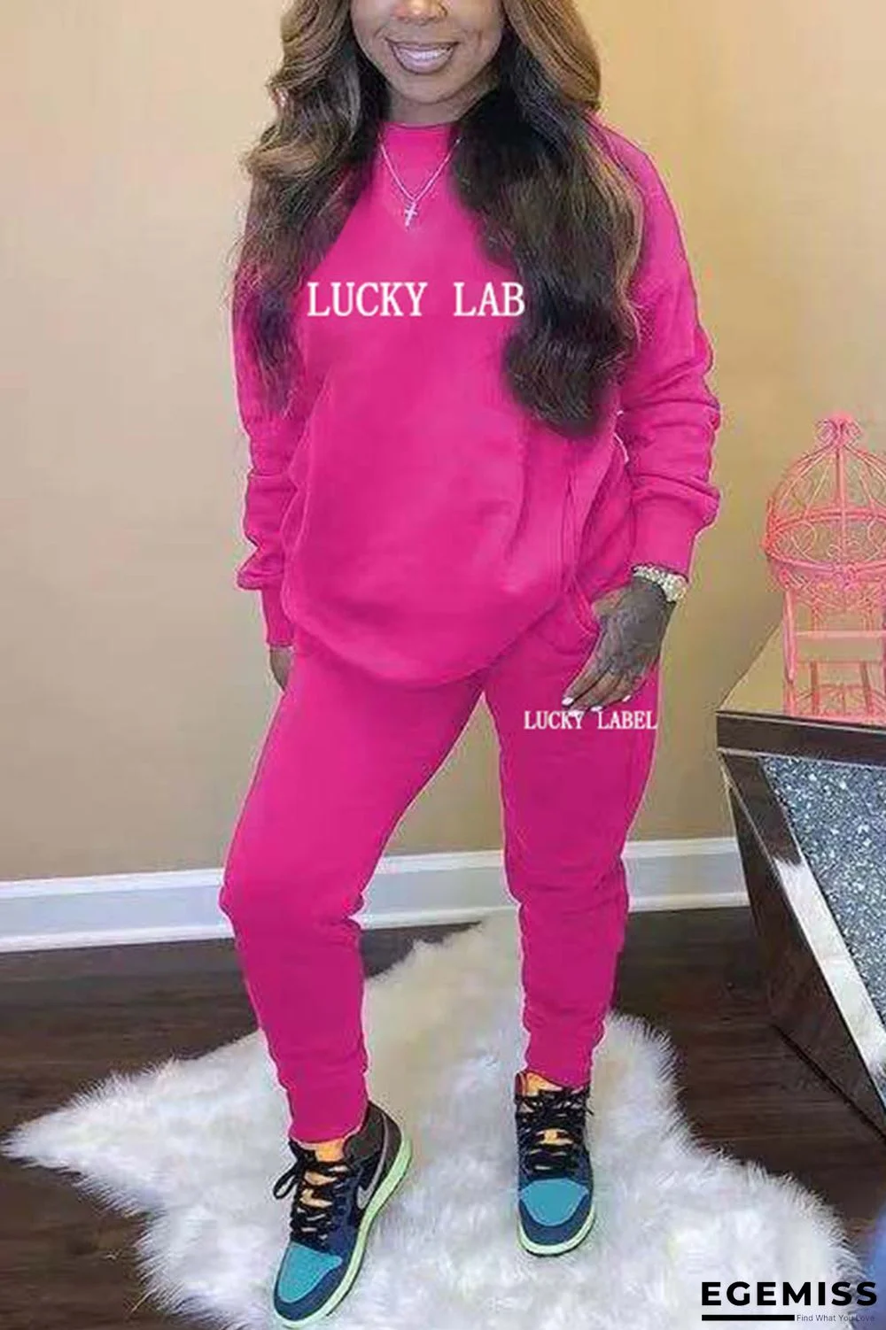 Rose Red Sexy Letter Embroidered O Neck Long Sleeve Two Pieces | EGEMISS