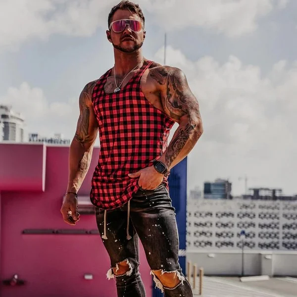 Plaid Pattern Summer Sleeveless Gym Fitness Mens Tops Tank Shirts at Hiphopee