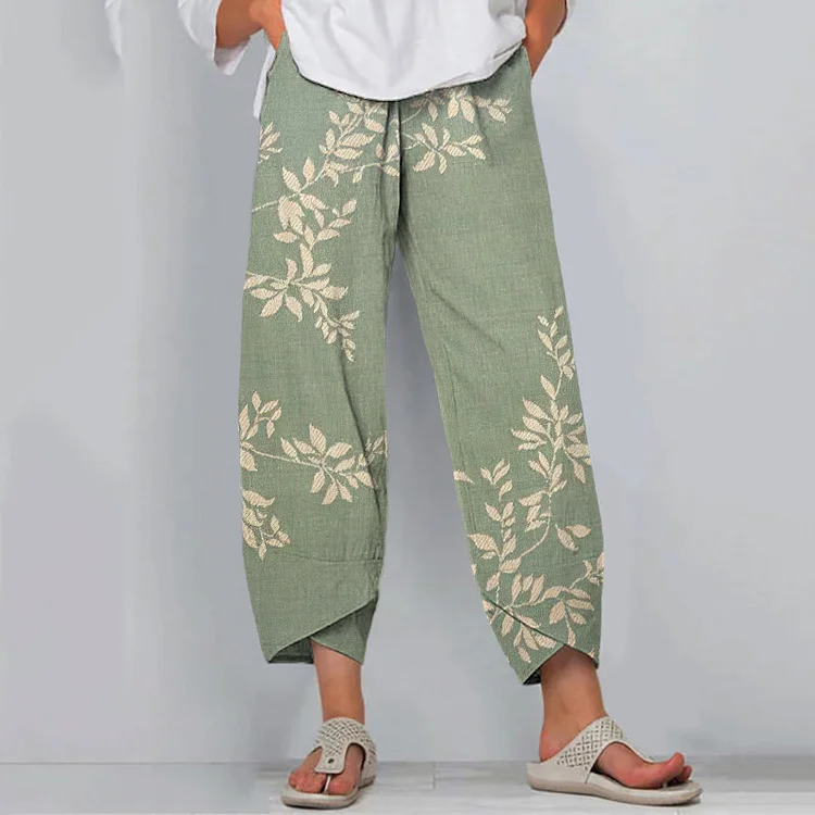 Comstylish Japanese Art Flower Print Casual Pants