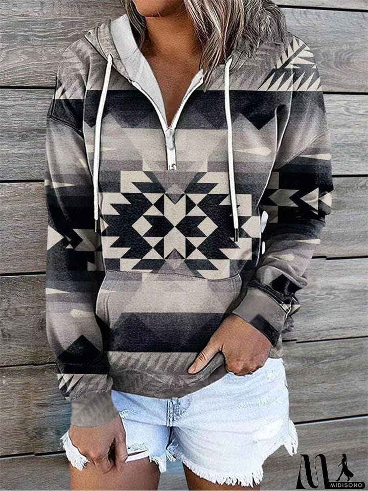 MidiSono - Women's Ethnic Diamond Printed Long Sleeve Pullover Hooded Sweatshirt