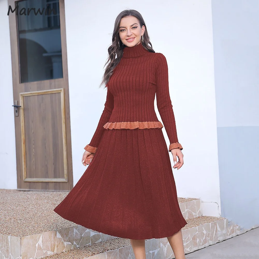 Marwin New-Coming Spring Autumn Solid Turn-down Collar Sweater Top Mid-Calf Skirts Outfit England Style Two Pieces Women‘s Sets