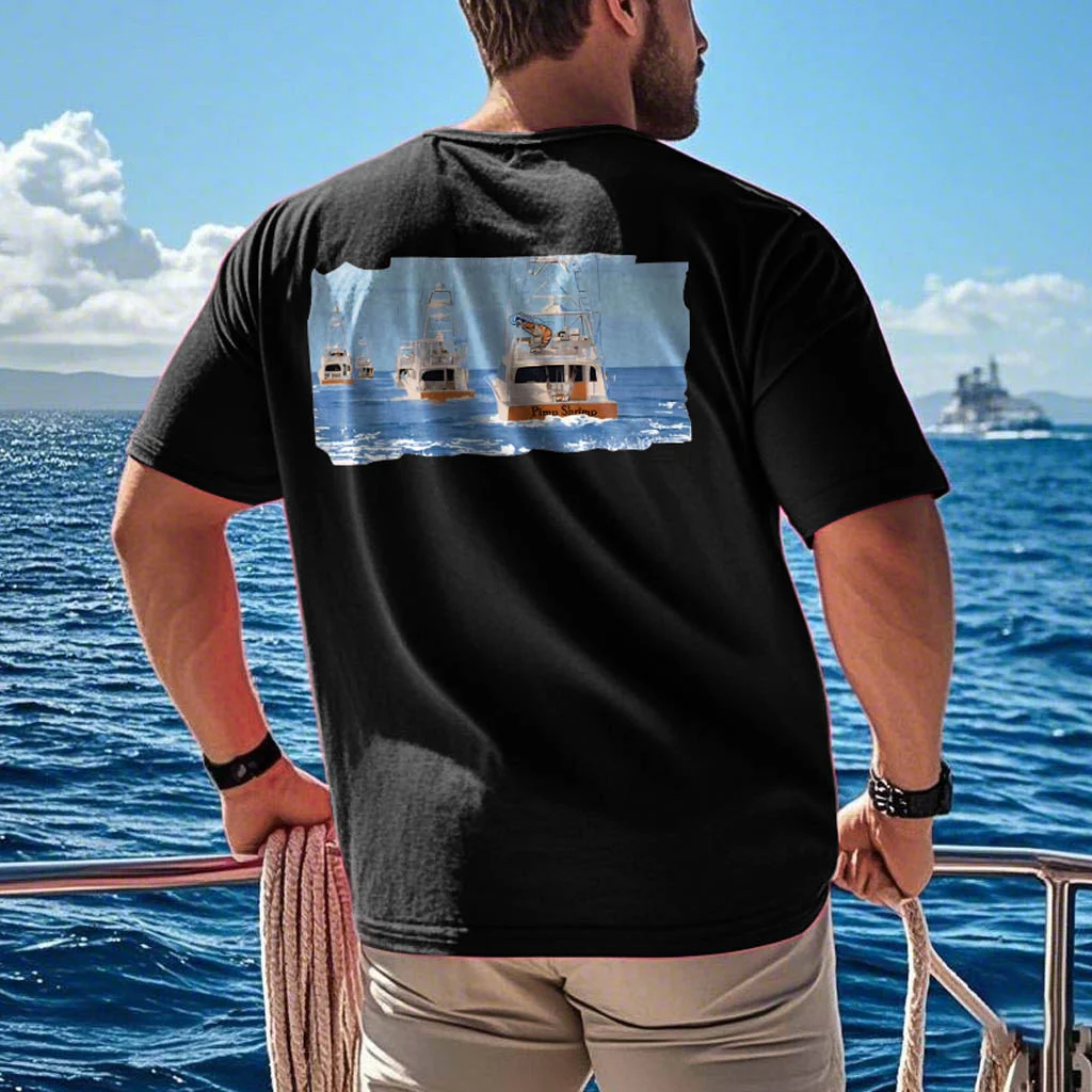 Unisex Shrimp Boat Graphic Surf Print Oversized Black Cotton Short Sleeve T-Shirt