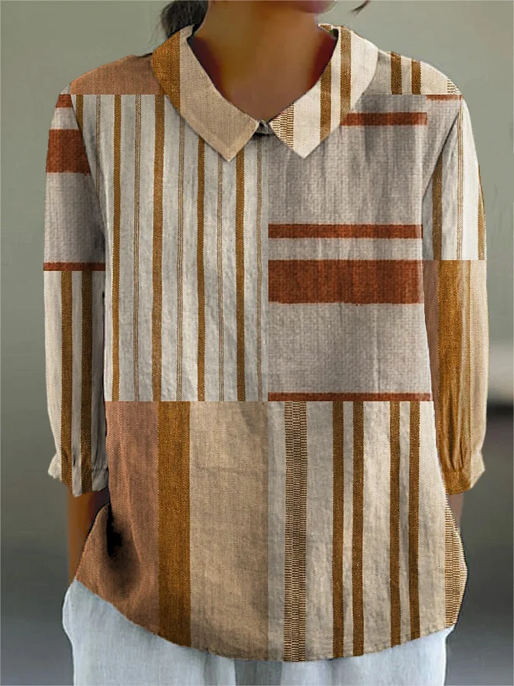 Contemporary Geometric Pattern Printed Women's Casual Cotton And Linen 3/4 Sleeve Shirt
