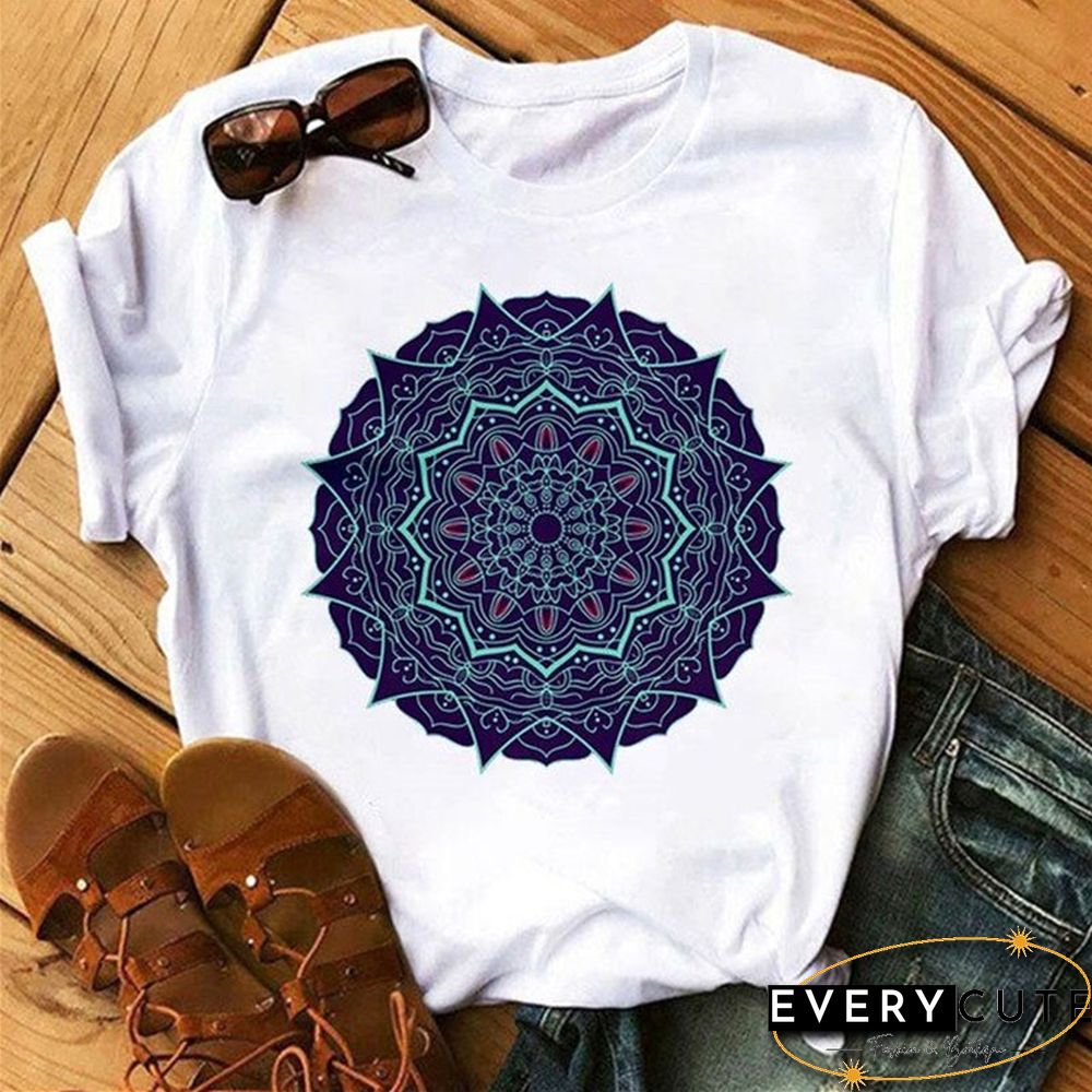 Maycaur New Mandala Floral Printed T Shirt Women Casual Fashion T-shirt Loose Short Sleeve 90s Girls Aesthetics Black Tshirt Top
