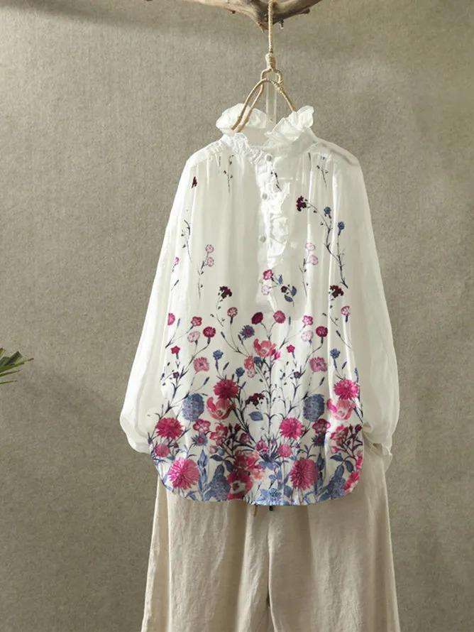 Beige Pastoral Floral Shirts & Tops