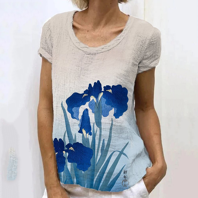 Comstylish Japanese Retro Orchid Art Painting Linen Casual T-Shirt