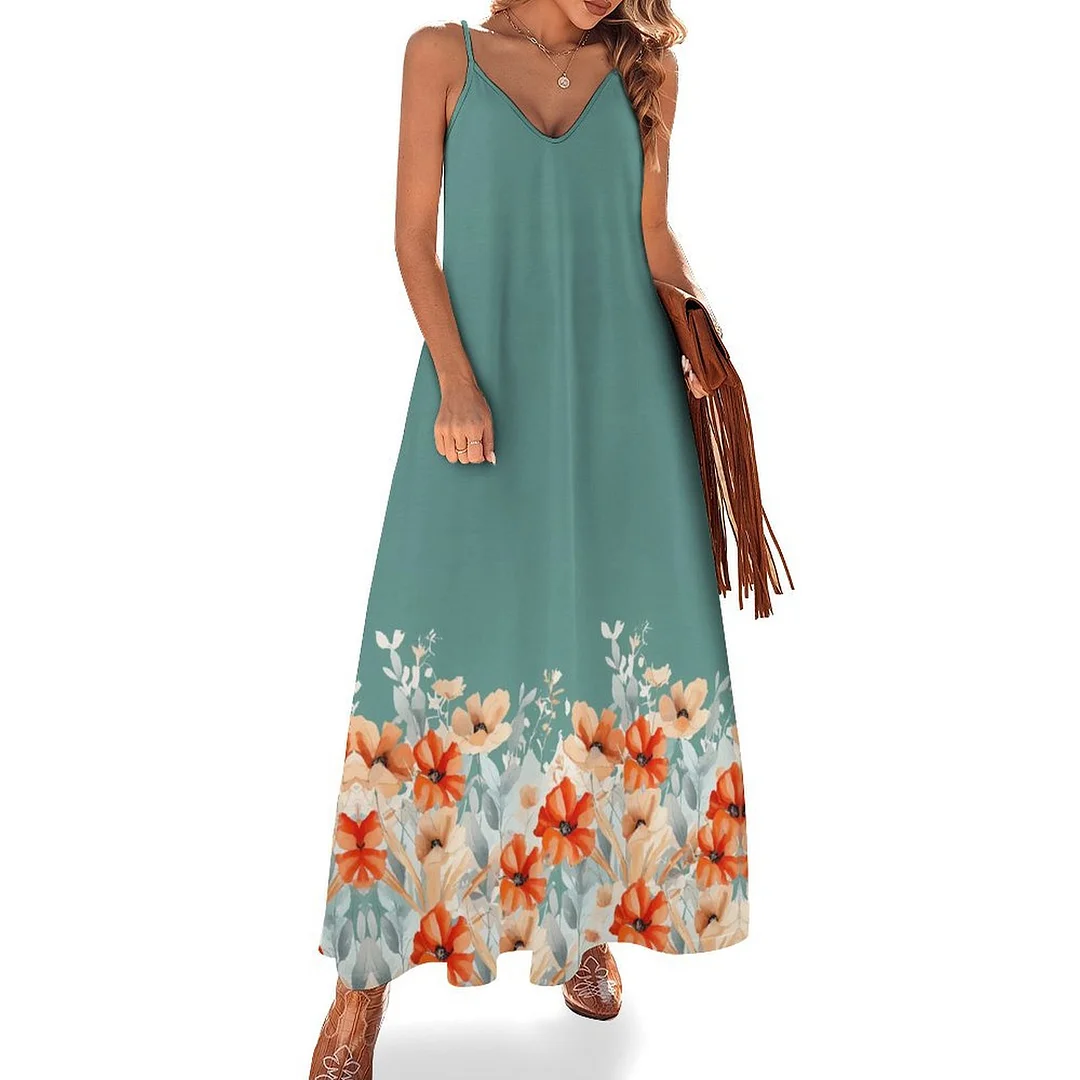 Style & Comfort for Mature Women Plus Size Printed Sling Casual Women Maxi Dress in Pattern Green, Red, Floral
