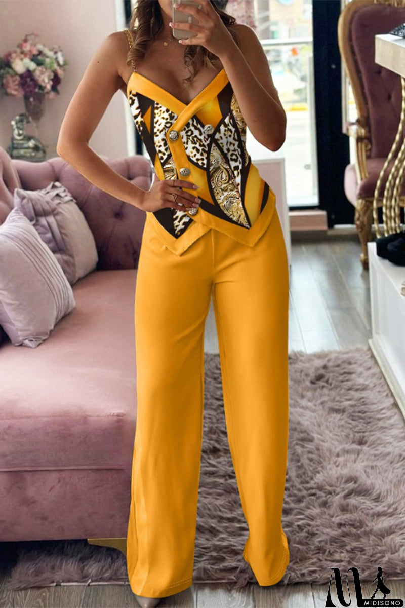 MidiSono - British Style Vintage Geometric Print Buttons Contrast V Neck Sleeveless Two Pieces