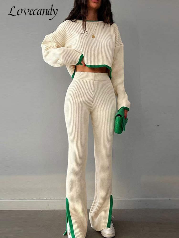 Toloer Women Casual Contrast Slit Sweater Suits O-Neck Knitted Crop Pullover And Wide Leg Pants Female 2 Piece Set Elegant Warm Outfits