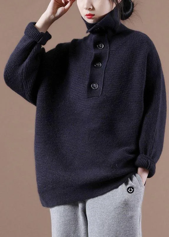 Loose Navy High Neck Button Fall Knit Sweater