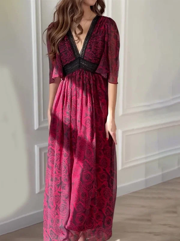 Style & Comfort for Mature Women Women's Short Sleeve V-neck Spliced Lace Ruffled Sleeves Slightly See-through Tie-dye Floral Maxi Dress