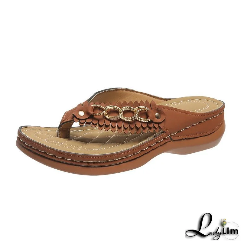 Summer Wedge Sandals with Chain Detail for Women: Retro Slides with Anti-Slip Design