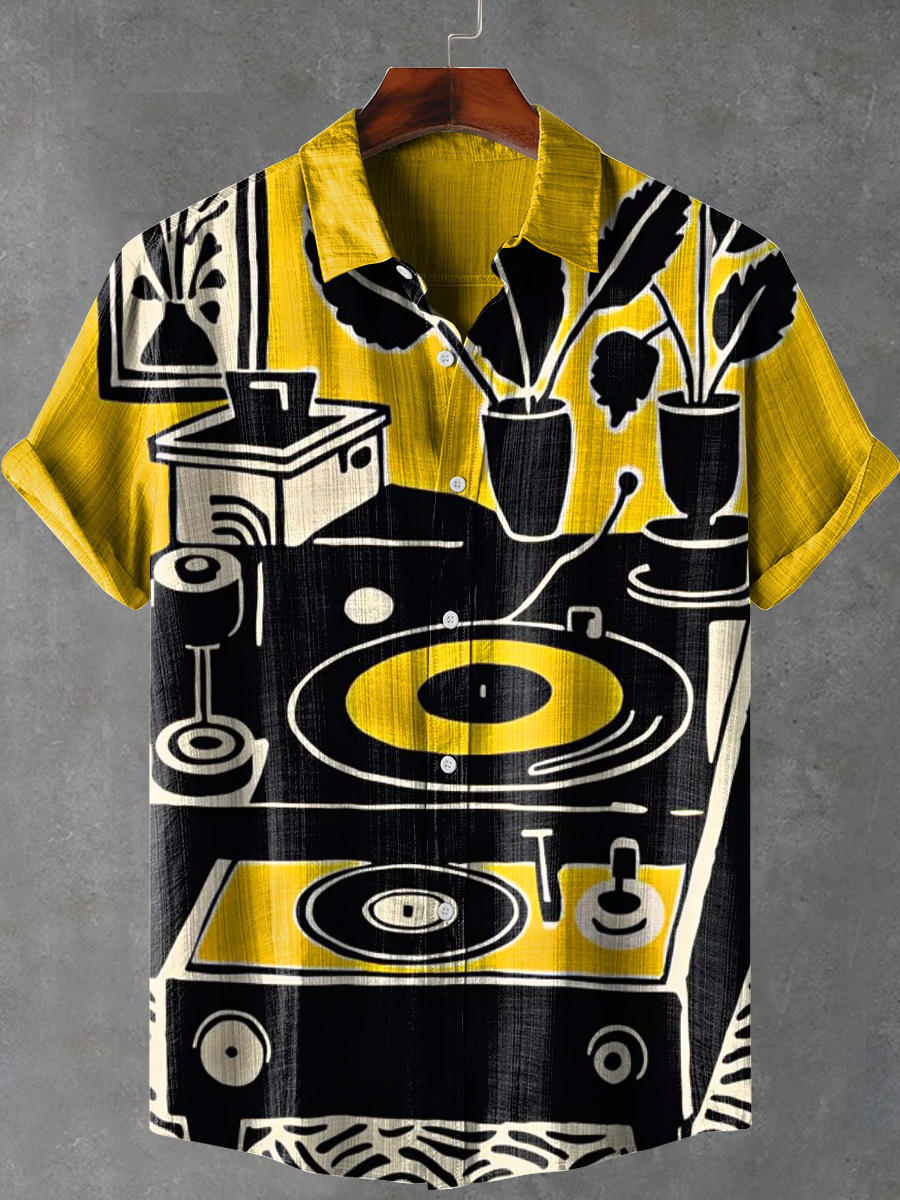 Retro Vinyl Record Cartoon Art Print Casual 100% Cotton Shirt