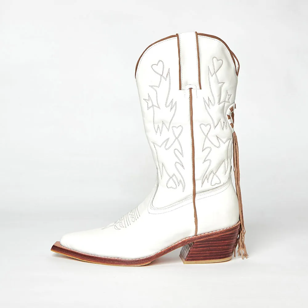 White Pointed Toe Embroidered Stacked Heel Fringe Cowgirl Boots