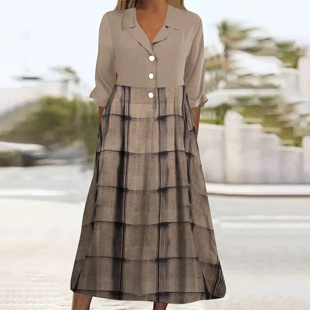 Style & Comfort for Mature Women Women's Casual Short-Sleeve Button-Down Collar Midi Dress with Pockets Printed in Khaki, Plaid, Black, Polka Dots