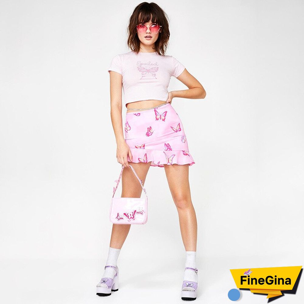 Summer Pink Cute Butterfly Print Cotton Crop Tops Women Fashion High Street Casual Tees Basic Slim Short Sleeve Tshirt