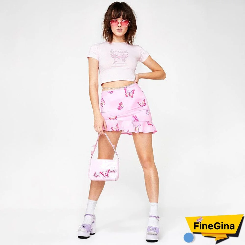 Summer Pink Cute Butterfly Print Cotton Crop Tops Women Fashion High Street Casual Tees Basic Slim Short Sleeve Tshirt