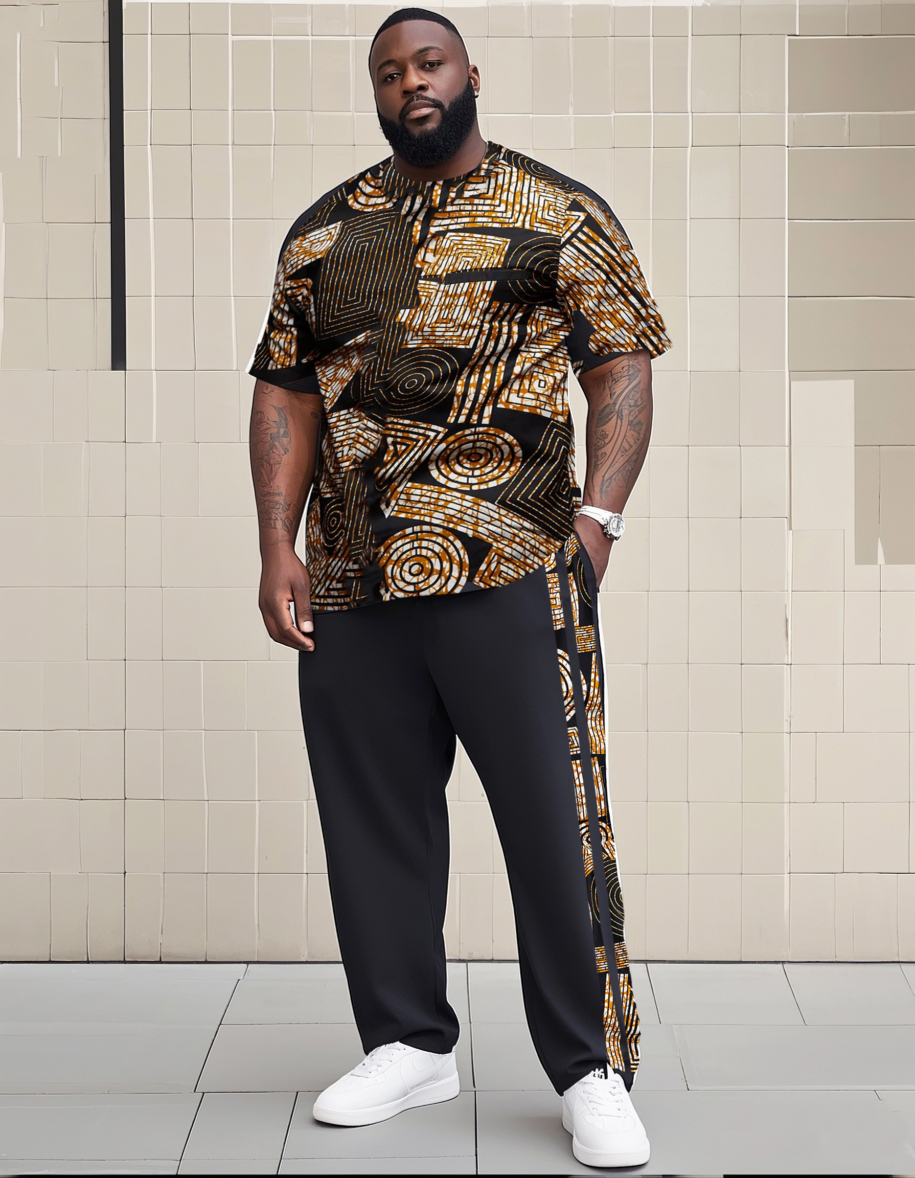 Big Boy Essential Retro African Impression Totem Print Short Sleeve Trousers Suit