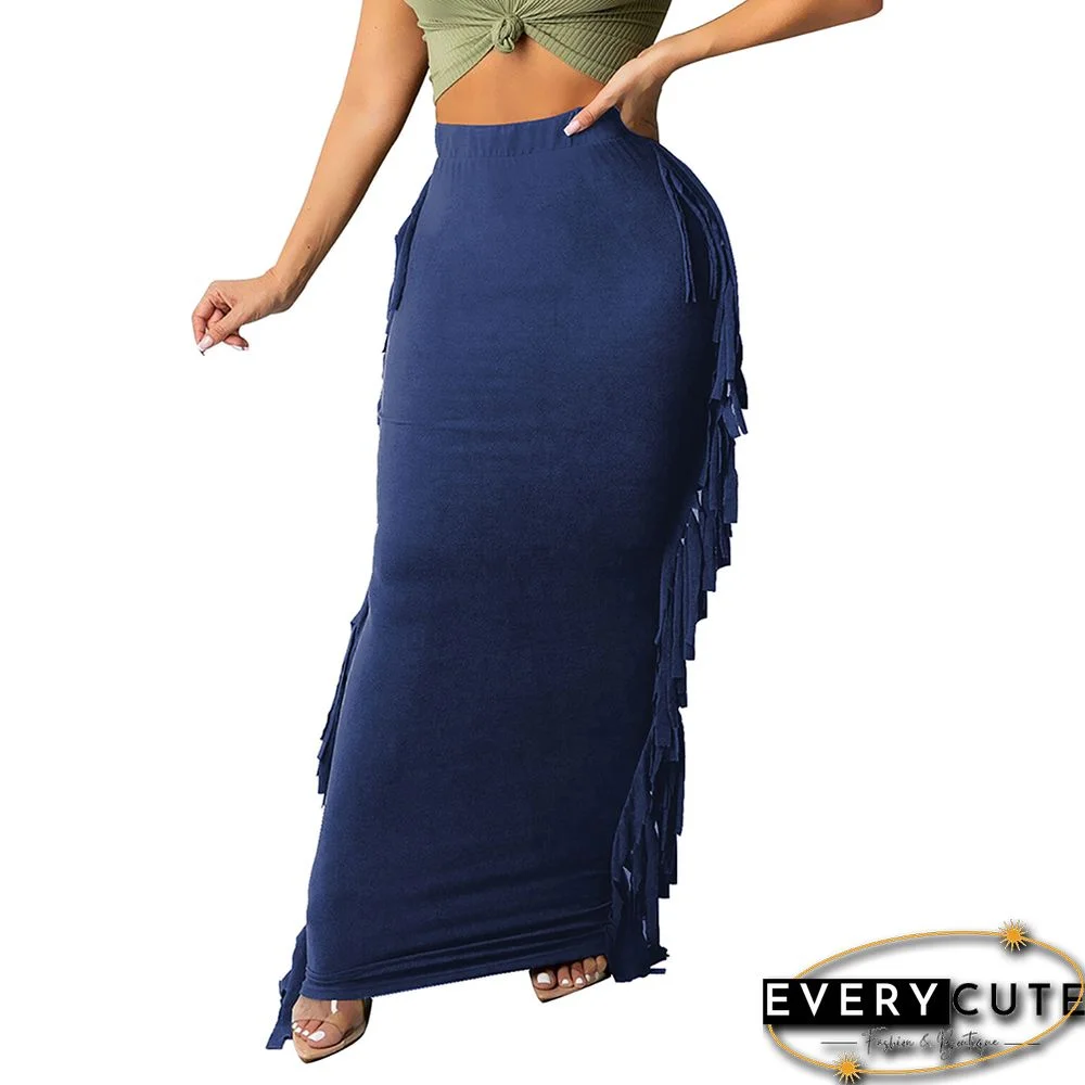 Blue Cotton Blend Sides Tassel Maxi Skirt