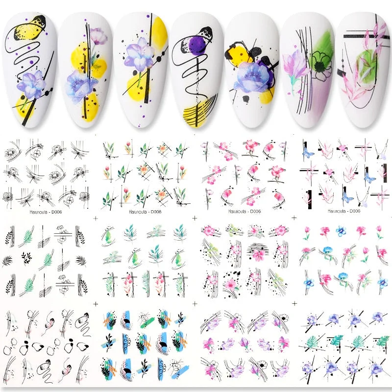 12Pcs Leaves Flowers Design Water Decals Stickers For for Nails Inscriptions Nail Art Decoration Tips-Nail Inspo