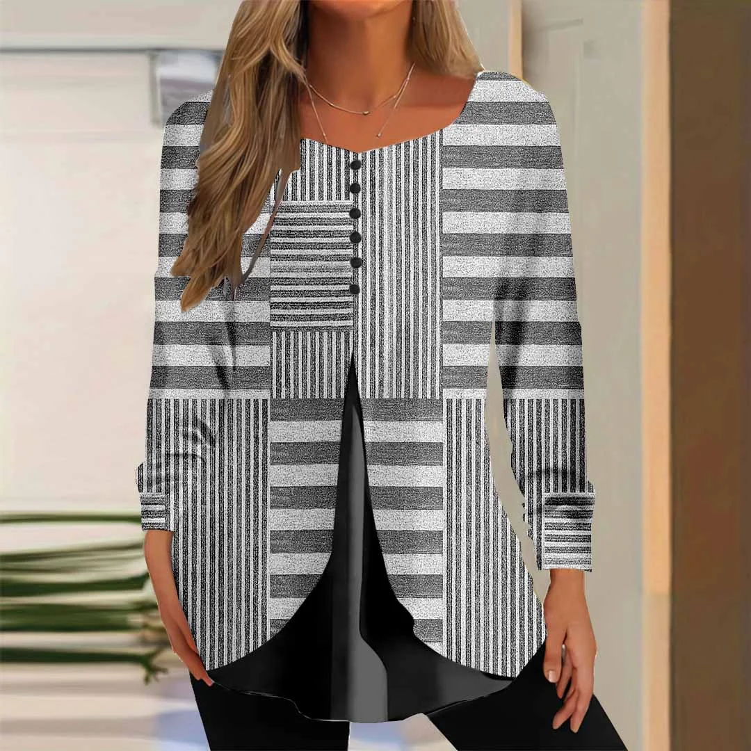 Women Striped,Gray DZGG8302 Long Sleeve Scoop Neck Printed Graphic Button Fake 2in1 Tops
