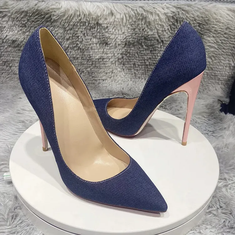 Blue Denim Jeans with Pointy Toe High Heel Shoes in Shiny Pink