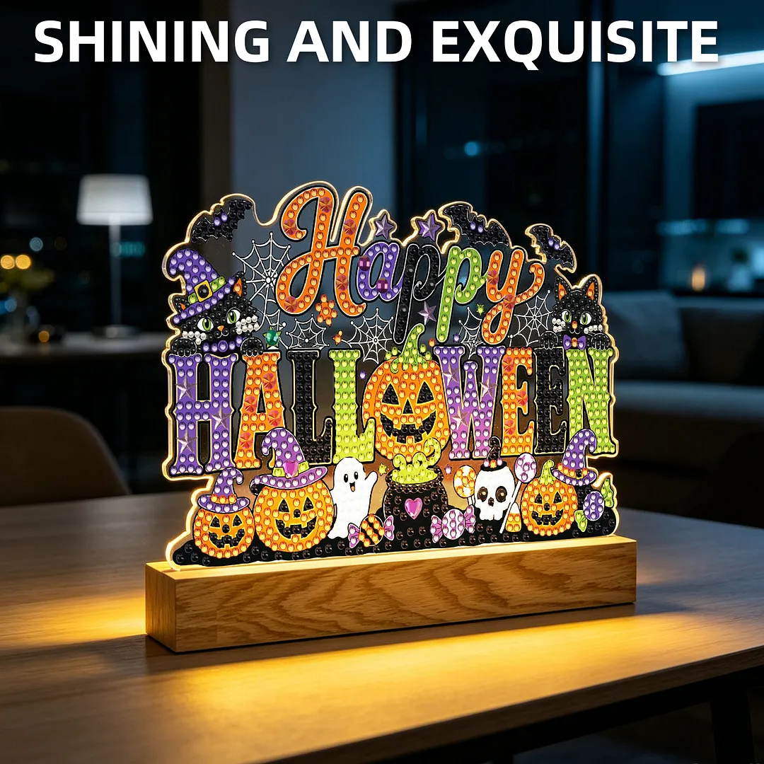 Halloween DIY Acrylic Diamond Painting Night Light for Adults Beginner Diamond Art Table Lamp with Wooden Base for Woman Man Desk Bedroom Tabletop Decor