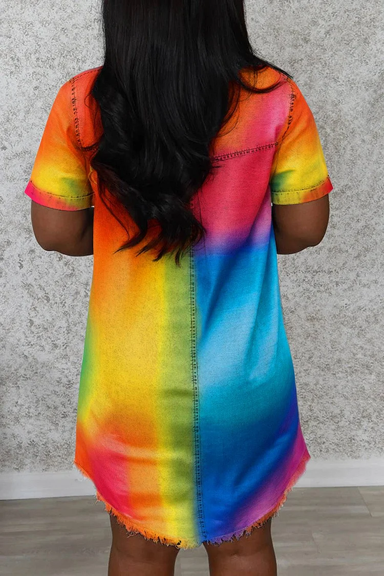 Plus Size Vacation Rainbow Casual All Over Print Shirt Collar Short Sleeve Mini Dresses