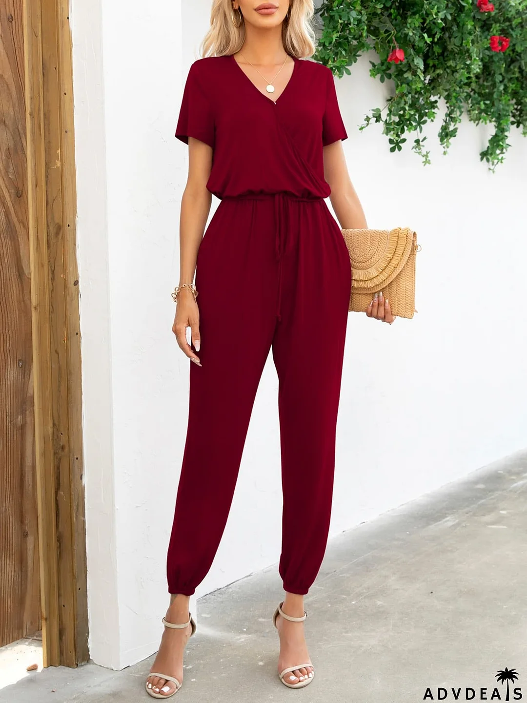 Short Sleeve V-Neck Jumpsuit with Pockets
