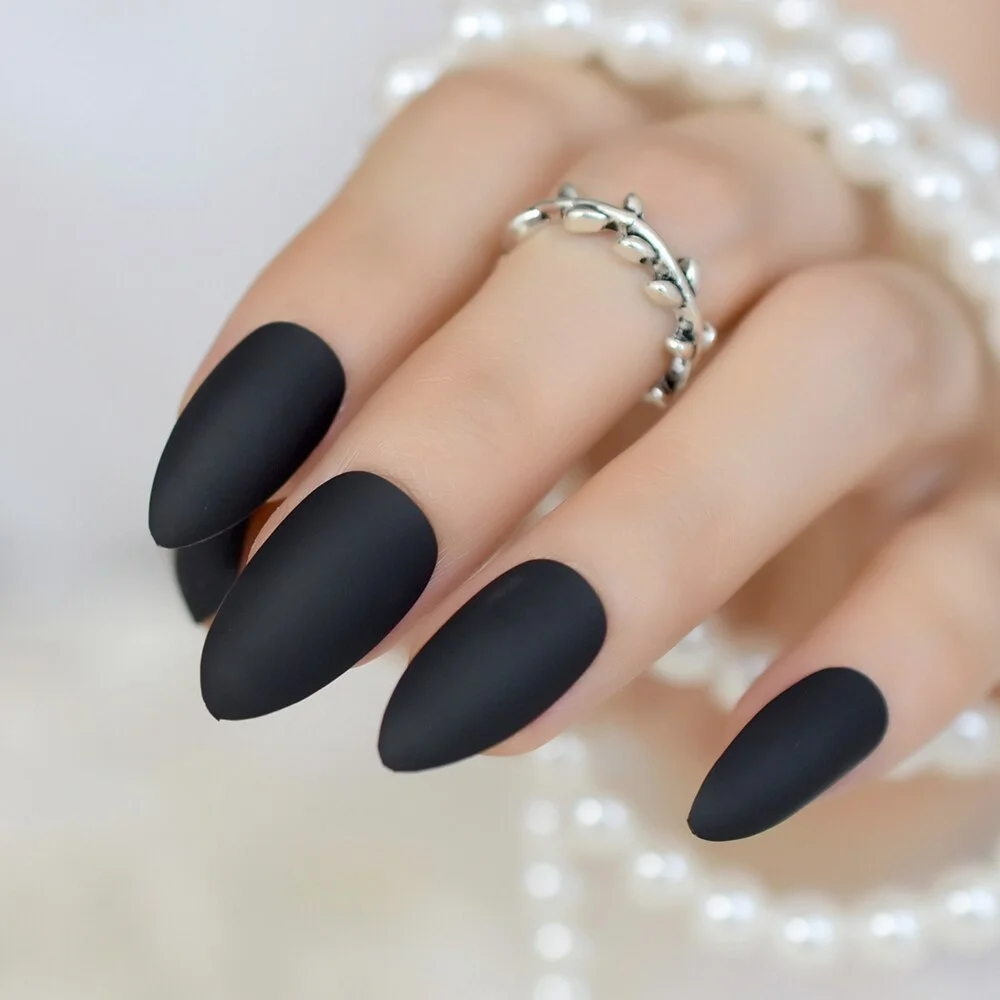 Fashion Matte Press On Nails Cool Black Almond Fake Nail Tips Artificial Manicure Tips Fingernails Easy Use
