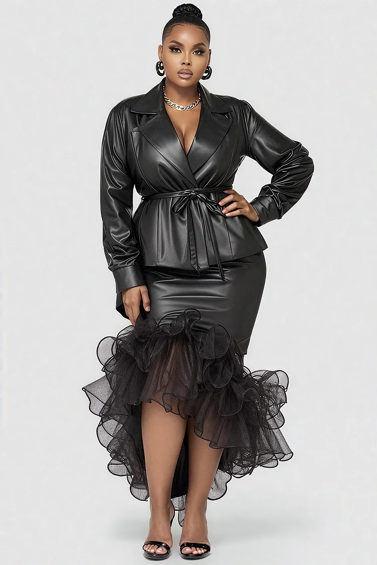 Xpluswear Design Plus Size Formal Tulle Gold Turndown Collar Long Sleeve Ruffle Elegant Bodycon PU Leather Two Piece Skirt Sets [Pre-Order]