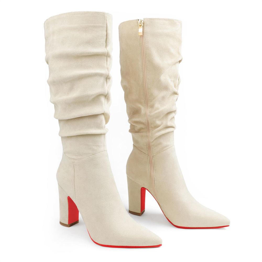3.35" Women's Knee Red Bottom Boots Chunky Heels Zipper Fashion Sexy Suede Slouchy Boot-MERUMOTE