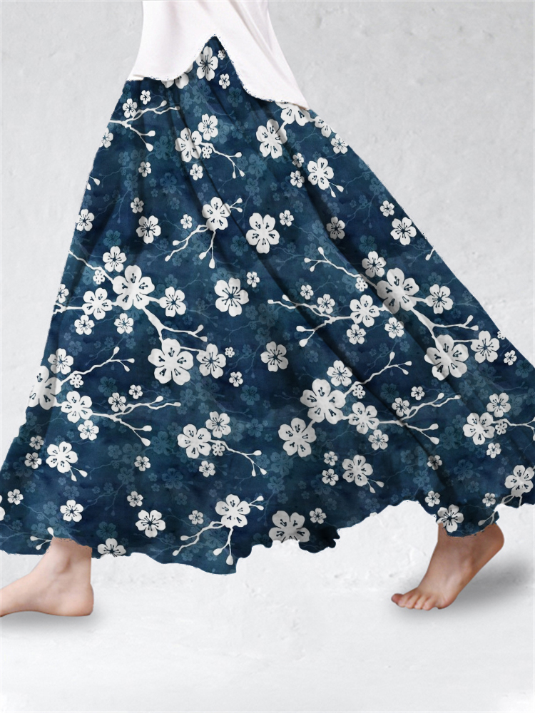 Comstylish Cherry Blossom Japanese Pattern Flowy Linen Blend Wide Skirt