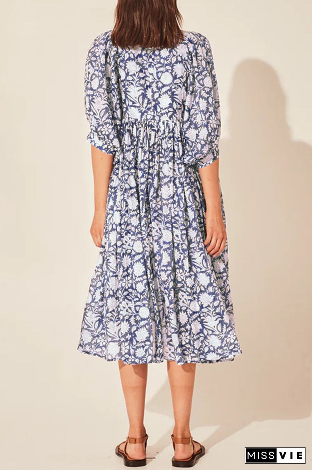 College Vacation Dress Floral Patchwork Frenulum Asymmetrical Collar Beach Dress