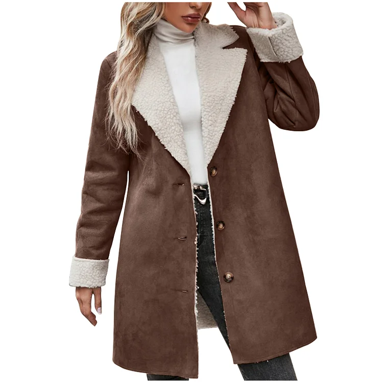 Women's Suede Fleece Jacket Lapel Single Breasted Warm Jacket Coat