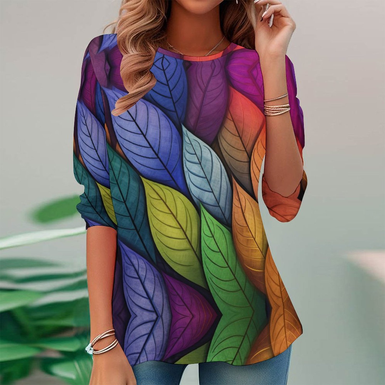 Women Long Sleeve V-neck Graphic Floral Printed Top