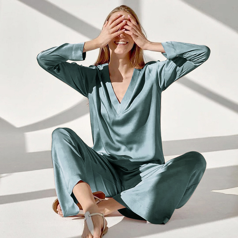 22 Momme V Neck Long Sleeves Silk Pajamas REAL SILK LIFE