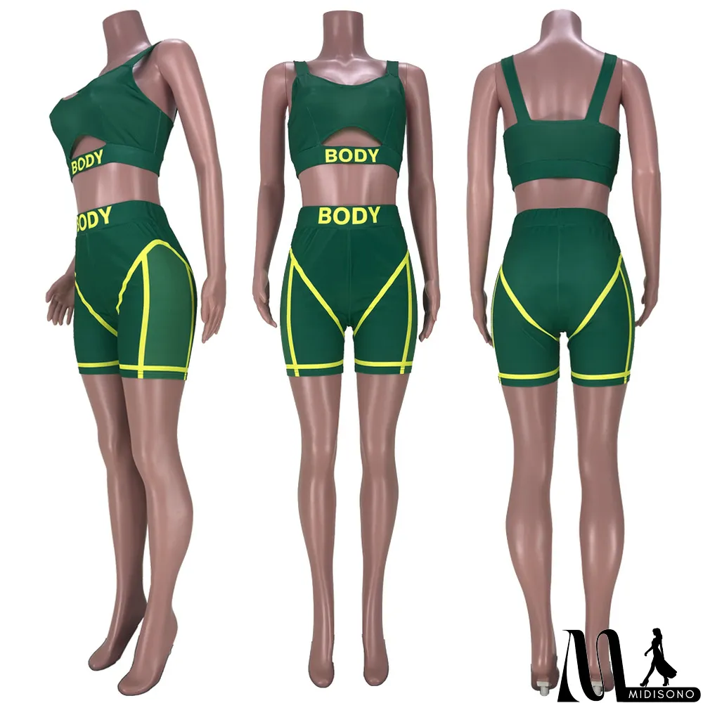 MidiSono - Letter Print Casual Sports Two Piece Shorts Set