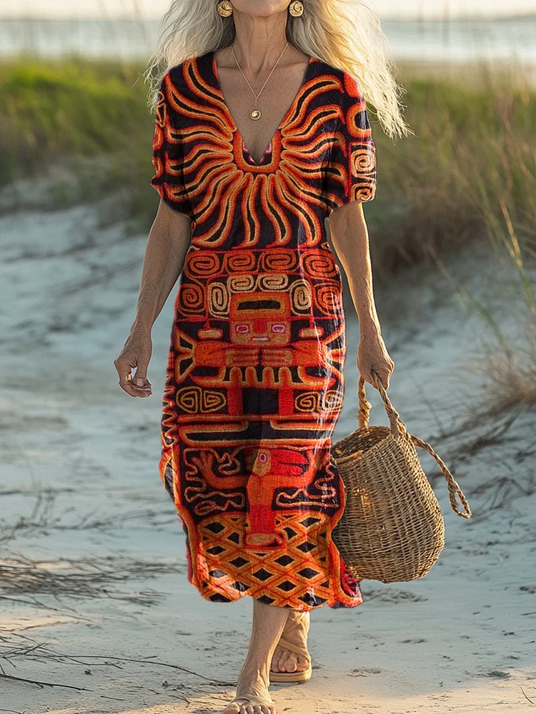 Women's Ethnic Pattern Art Print Short Sleeve Pocket Cotton and Linen Dress