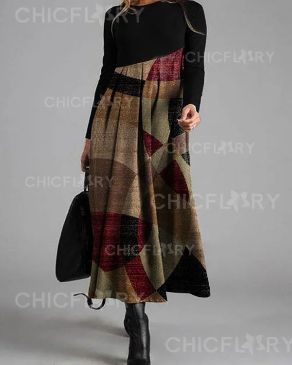 Round Neck Print Stitching Casual Long-sleeved Maxi Dress