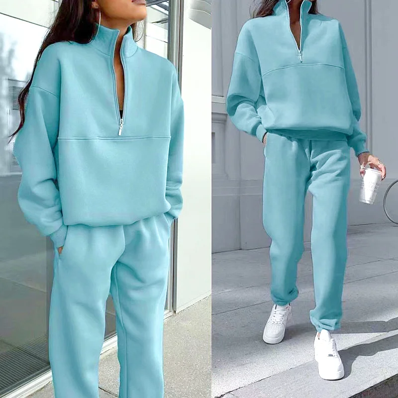 Women's Casual Loose Pullovers Zippers Elastic Waist Trousers Sweatshirt Tracksuit Sets