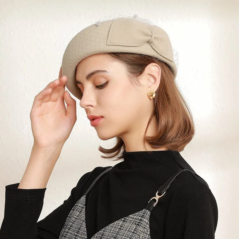 Women's Hats Wool Bowknot Net Yarn Small Hair Ball Decoration Beret Hats