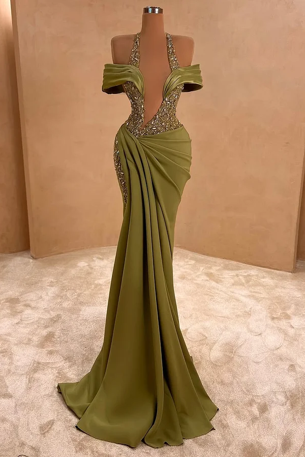 Daisda Green Off-Shoulders Sleeveless Halter Beads Mermaid Prom Dress