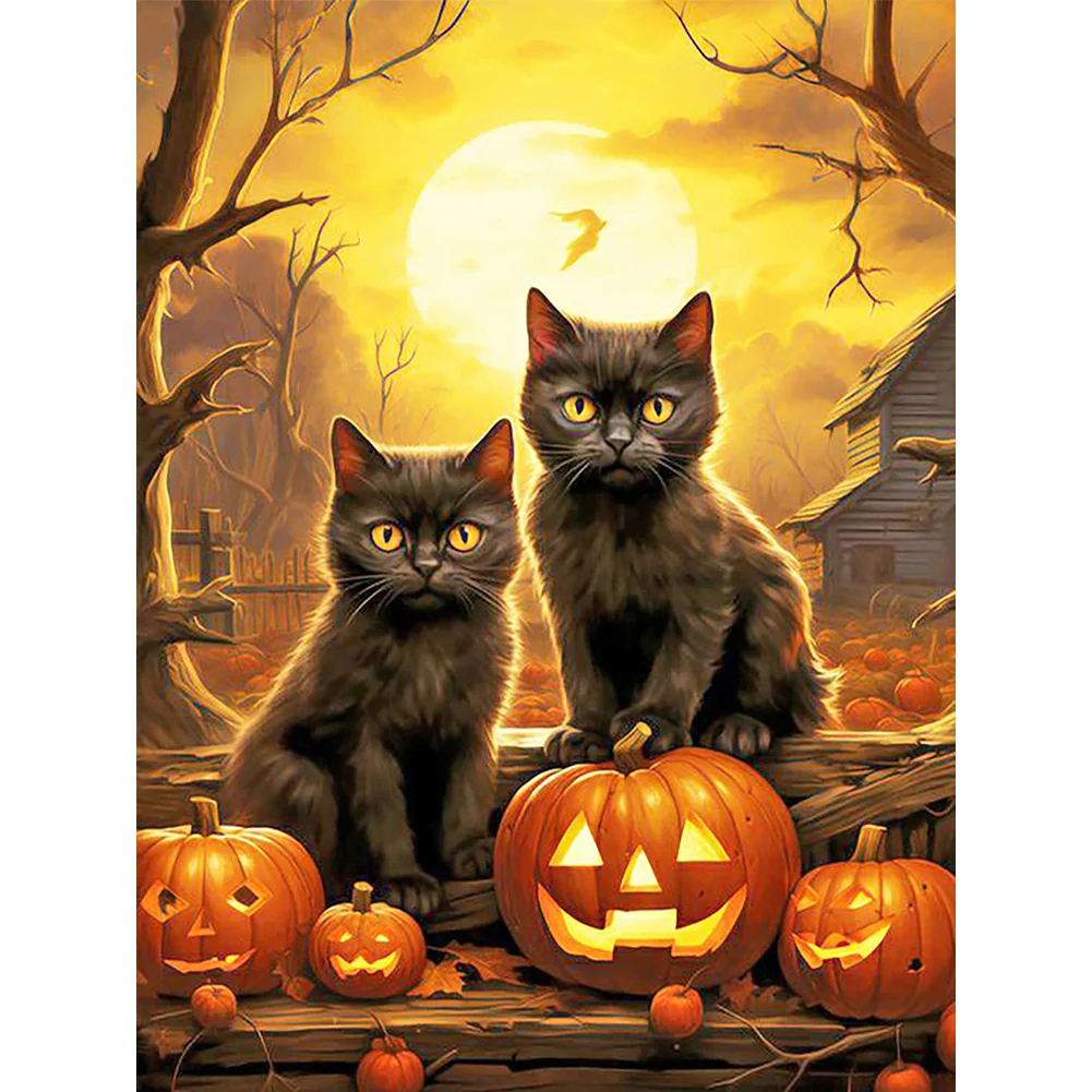 2pcs Diamond Painting - Full Round Drill - Halloween Pumpkin Cat(Canvas|30*40cm)