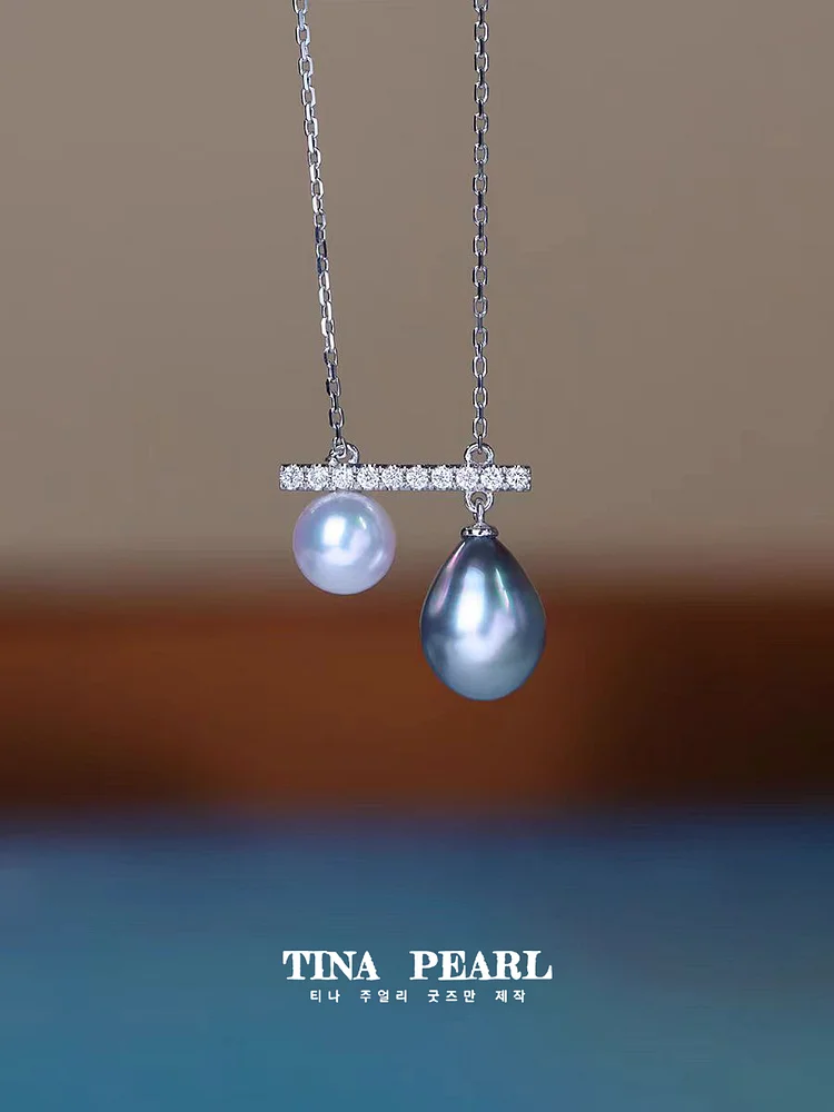 TINA Jewelry 18K gold diamond balance beam pendant sea water double pearl necklace