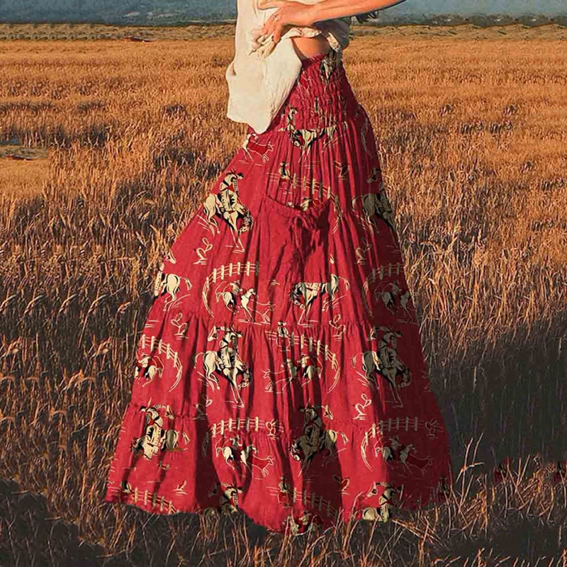 Comstylish Women's Red Cowboy Vintage Print Cotton Pocket Skirt